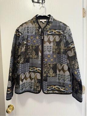 Vintage 90s/Y2K Dressbarn Tapestry Patchwork Zip Jacket Black Gold Boho Size XL